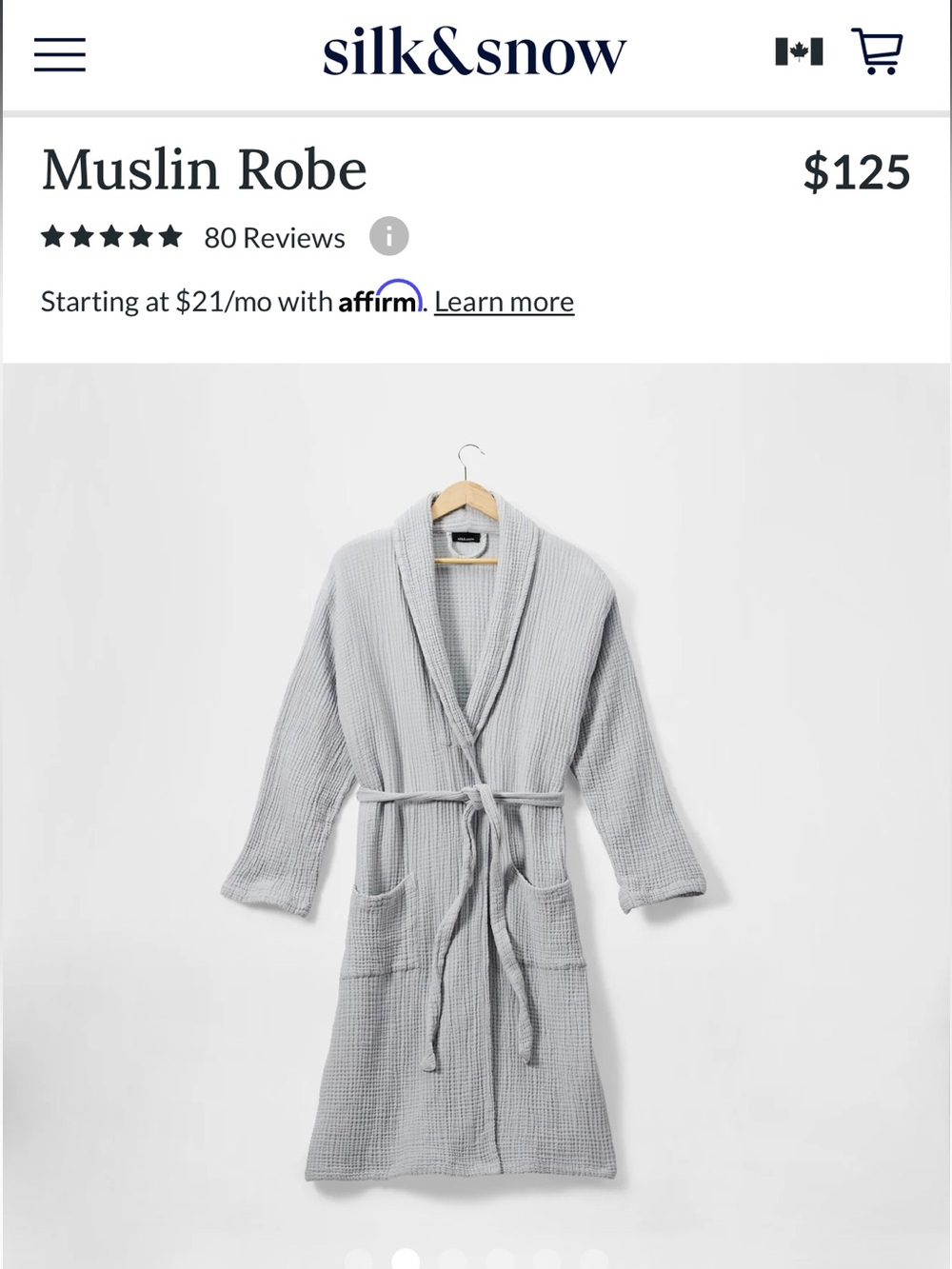 $141.25 Silk&Snow New! 100% Organic Cotton Muslin Robe, Luna, XS/S